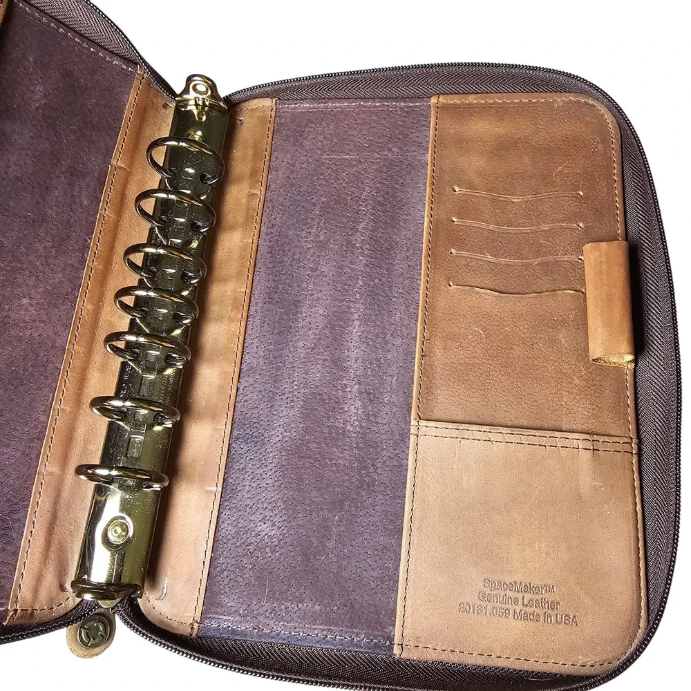 Vintage 90s Franklin Covey Brown Tan Leather 7-Ring Zip Planner USA Academia